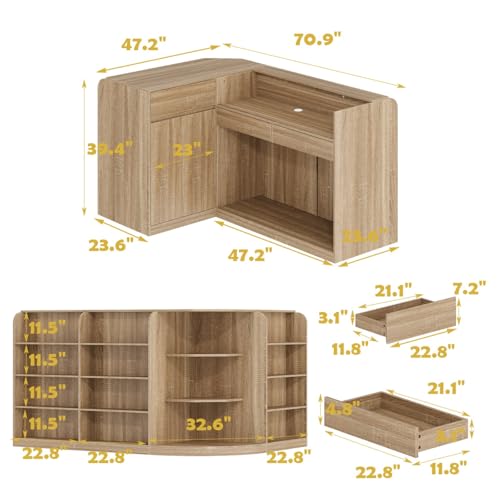 FAMAPY 70.9" L-Shape Reception Desk with Open Display Shelving, 2 Drawers & Cabinets, Modern Reception Counter for Shop Oak 70.9”W x 47.2”D x 39.4”H FAMAPY