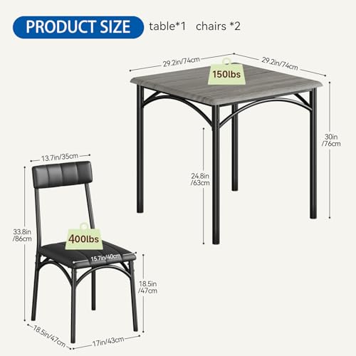 Garvee Dining Table Set for 2, Wooden Kitchen Table and Chairs of 2 with Upholstered Chairs, Square Kitchen Tables Set, 3 Piece Dining Room Table Sets for Small Space, Apartment, Rustic Gray Garvee