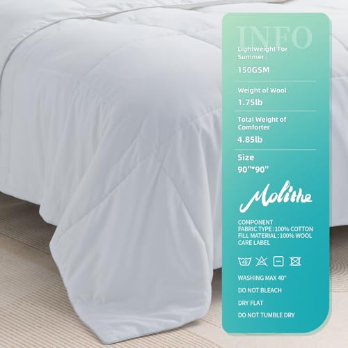100% Wool Comforter Summer Lightweight Duvet Insert Noiseless Pure Cotton Shell Comforter Temperature Regulation Breathable Comfortable Wool Bedding for Luxurious Sleep Queen Size Molithe