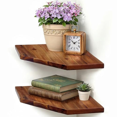 Demigo Corner Shelf Wall Mount, Set of 2 Solid Acacia Wood 10.3 x 16.5 inches Floating Corner Shelves, Smooth - Durable - Attractive Corner Shelves for Bedroom Living Room Bathroom Kitchen