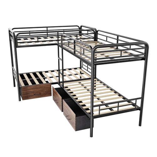 KMBOHE Twin L-Shaped Quad Bunk Bed with Storage Drawers, for 4 Kids/Teens/Adults, Heavy-Duty Metal Corner Bed with Ladder and Full-Length Guardrail, Space Saving Design, No Box Spring Needed, Black KMBOHE