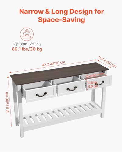 VEVOR 47 in Console Table, Farmhouse Desk Behind The Couch with Drawers and Bottom Storage Shelf, Wooden Rectangle Entrance Narrow Sofa Table for Hallway, Bedroom, Living Room, Foyer, Brown + White VEVOR