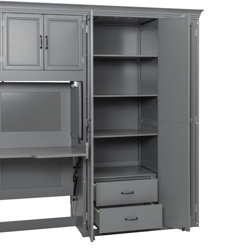 MERITLINE Twin Horizontal Murphy Bed with Desk and Storage Wardrobe,Cabinets,Shelves and Drawers, Wood Space-Saving Hidden Murphy Wall Bed for Teens Adults (Twin,Grey) MERITLINE
