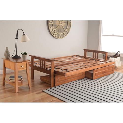 HomeStock Full Size Futon Frame with Mattress - Hardwood Sofa Bed Convertible 79" Linen Cocoa/with Storage Drawers HomeStock
