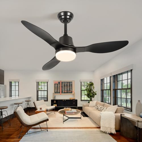 42 Inch Smart Ceiling Fans with Lights Remote LED Dimmable,Outdoor Indoor Modern Ceiling Fan Controlled by WiFi Alexa App,FCC Quiet DC Motor,3 Black Blades for Bedroom Living Room Patio Porch LINJO
