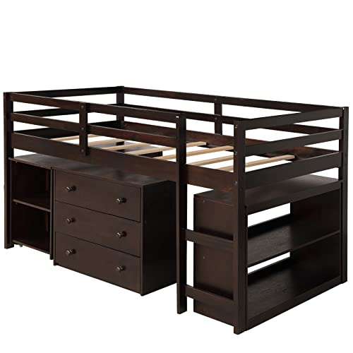 Bellemave Espresso Low Loft Bed Frame with Storage & Rolling Desk for Kids and Teens Bellemave