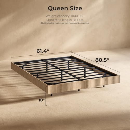 Evermagin Oak Queen Floating Bed Frame with led Lights, Bohemia Fluted 10 Inch High Floating Platform Bed No Headboard, Heavy Duty Metal Float Bedframe, No Box Spring Needed Evermagin