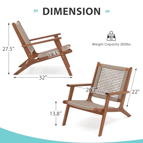 Verano Garden Set of 2 Patio Lounge Chair, Modern Acacia Wood Accent Armchair with Handwoven Rope for Patio,Living Room, Bedroom, Balcony (Beige)