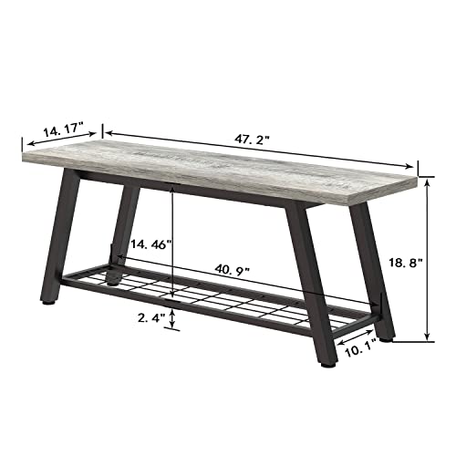 Oastreeful Grey Storage Bench Industrial Rustic Wooden and Metal Entryway Shoe Boots Storage Rack Long Bench Seat for Hallway Bedroom Rustic Farmhouse Style Oastreeful