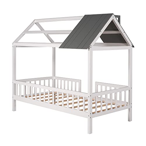 Merax Twin House Bed for Kids - Fun House-Shaped Platform Bed Frame with Roof, Windows, and Safety Rails in White and Grey Merax