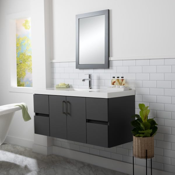 Spring Mill Cabinets Innes 48 Inch Floating Bathroom Vanity with White Single Sink Top, 2-Door Cabinet, 4 Soft-Close Drawers, 48.5" W x 18.75" D x 22.25" H, Cement Spring Mill Cabinets