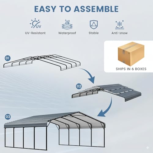 EROMMY 20‘x20’ Stable Metal Carport, All-Weather Heavy-Duty Carports with Strong Base, Sturdy Car Shed with Galvanized Steel Roof and Frame, Easy Assembly Car Port for 2 Cars, Tractors, Boat, Gray EROMMY