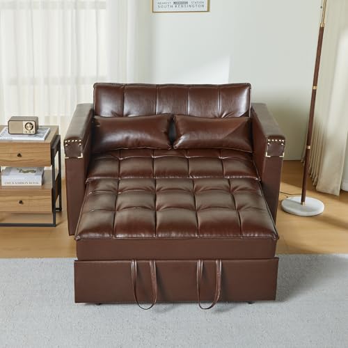 weselon Leather Convertible 3 in 1 Sleeper Sofa Bed, Small Upholstered Loveseat Pull Out Couch, Multi-Functional Sleeper Futon with Hidden Table and Adjustable Backrest for Living Room (Brown) weselon