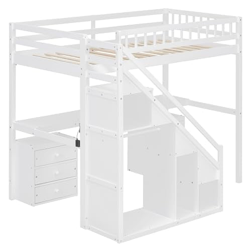 Merax Twin Size Wood Loft Bed with Desk, Stairs & Storage, Space Saving Bed with Lights, 2 Drawers, Guardrails, 220LBS Capacity, White Merax