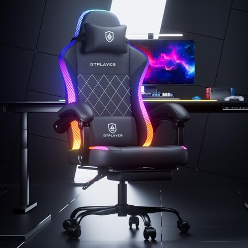 GTPLAYER RGB Ergonomic Gaming Chair with Massage, Footrest, LED Lights, Lumbar Support - Computer Chair with Linkage Armrest, Video Game Chairs PC Game Chairs for Adults GTPLAYER