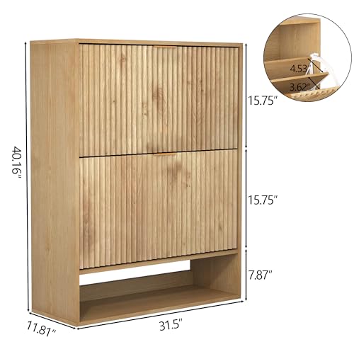 Takywep Fluted Shoe Cabinet Storage for Entryway with 2 Flip Drawers & Bottom Open Shelf, Narrow Shoe Rack Cabinet with Side Hooks, Freestanding Slim Shoe Organizer Cabinet for Foyer, Hallway, Oak Takywep