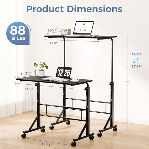 DUMOS 31.5" Adjustable Height Mobile Desk with Locking Wheels & Pin-Lock, Portable Workstation for Walking Pad & Active Home Office, Black DUMOS