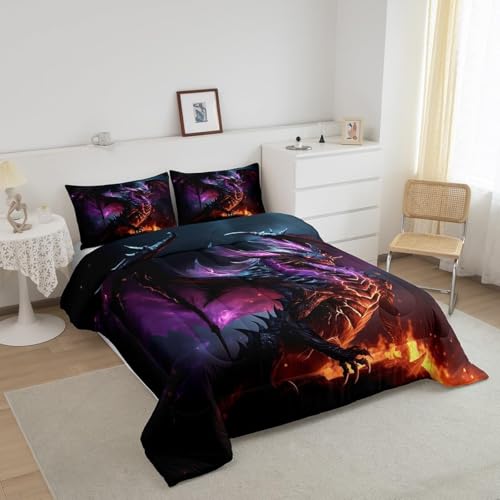 Erosebridal 3D Dragon Bedding Set King Magical Wildlife Comforter Set, Wild Animal Bedding Comforter Sets Gradient Lightning Down Comforter, Glowing Fire Duvet Insert Boys Girls Funny Home Decoratives Erosebridal