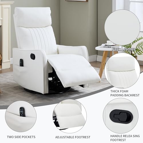 High Back Massage Recliner with Heat - Swivel Rocking Chair for Small Spaces, Manual Lazy Boy Recliner for Adults, Perfect for Living Room & Bedroom, Soft Fabric (White) HomJoones