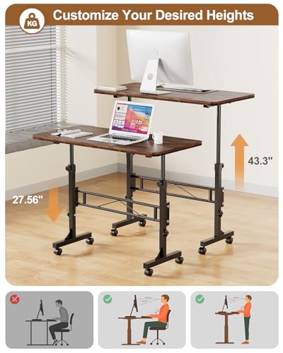 Small Standing Desk Adjustable Height, Mobile Stand Up Desk with Wheels, 32 Inch Portable Rolling Desk Small Computer Desk, Portable Laptop Desk Standing Table Rustic Amztabler