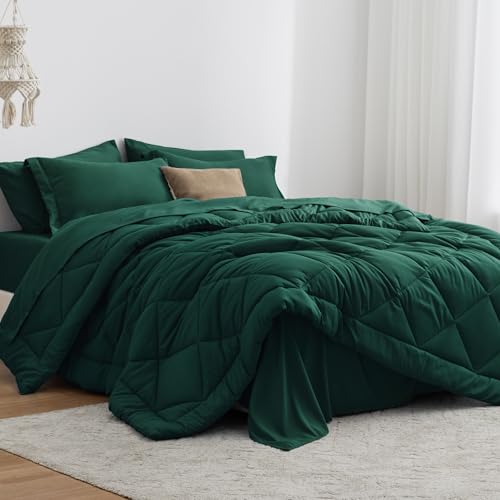 Love's cabin Full Comforter Set Dark Green, 7 Pieces Full Bed in a Bag, All Season Bedding Sets with 1 Comforter, 1 Flat Sheet, 1 Fitted Sheet, 2 Pillowcase and 2 Pillow Sham Love's cabin