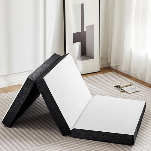 KMFurnila Folding Memory Foam Mattress, 4" Tri-Fold Single Mattress Topper with Washable Cover, Non-Slip Portable Guest Floor Bed for Travel Camping KMFurnila