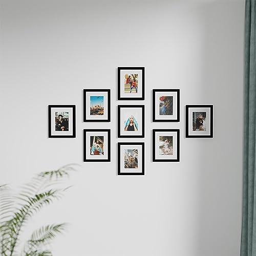 Vittanly 8x10 Picture Frames for Wall Set of 9, Display 5x7 Pictures with Mat or 8x10 without Mat, Collage Frames for Wall or Tabletop, Perfect for Home Décor and Gifts, Black Vittanly