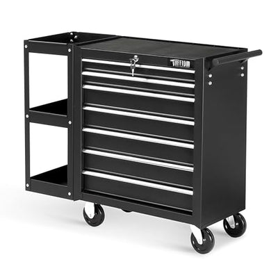 TUFFIOM 7-Drawer Rolling Tool Chest w/Lock & Key, Tool Storage Side Cabinet with Side Shelves Wheels, Top Cushion & Drawer Liners, Tool Organizer Box for Garage, Warehouse & Repair Shop, Black