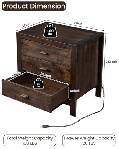 Karl home Farmhouse Nightstand with Charging Station, Solid Pine Wood 3 Drawer Night Stands for Bedroom, Bedside Table with 2 USB Ports & 2 AC Outlets, Vintage End Tables, Brown Karl home