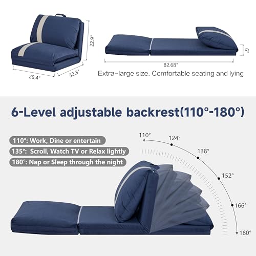 CITTANEO Folding Sofa Bed Set of 2, Convertible Floor Sofa with 6-Position Adjustable Backrest, Metal Frame and Handle, Futon Floor Couch for Dorm, Bedroom, Apartment, Navy Blue CITTANEO