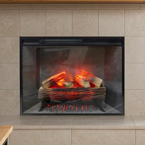 Modern Ember Uptown 28" Smart Electric Fireplace Insert with Remote, Alexa/WiFi Enabled - 1,000 Sq Ft Electric Heater with Realistic Flames and Log Set, Concrete Background Modern Ember