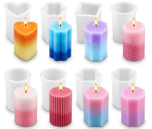 VIPFIT 8 Piece Silicone Candle Molds, 2mm Thickened Reinforced Design, Tear-Resistant Molds for Pillar and Votive Shapes, Easy Release, Includes Cylinder, Hexagon, Heart, Moldes para Velas (8)