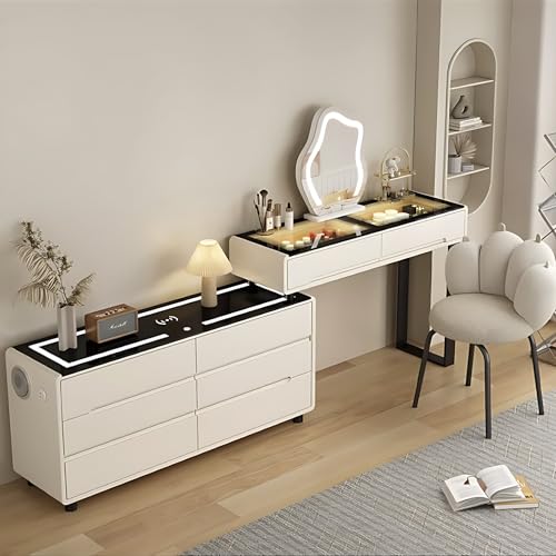 ZGNBSD Smart Vanity Table with Drawers - Vanity Set | Equipped with Charging Station & Speaker | Multi-Layer Solid Wood Material | Includes LED Makeup Mirror and Chair ZGNBSD