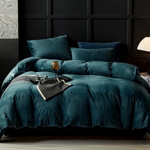 WARMDERN Peacock Blue Flannel Velvet Duvet Cover King Size Duvet Cover Bedding Sets, 3pcs Ultra Soft Luxury Textured Modern Crystal Velvet Duvet Covers with Zipper Closure(Peacock Blue, King) WARMDERN