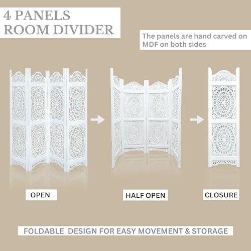 Lightnpro 4-Panel Wooden Room Divider 48 × 64 Inch Antique White Finish - Hand-Carved Oval Folding Privacy Screen, Pre-Assembled Decorative Partition for Living Room, Bedroom & Home Office Light & Pro