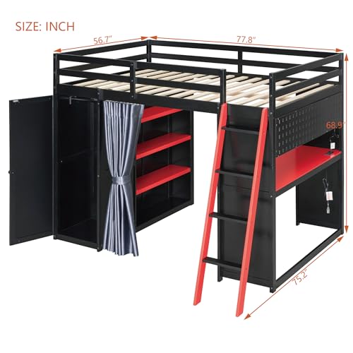 Merax Full Size Loft Bed with Desk and 6 Storage Shelves, Wardrobe, Blackout Curtain, Sturdy Wood Gaming Loft Bunk Bed Frame with USB Port & RGB Lights, No Box Spring Needed, Space-Saving, Black+Red Merax