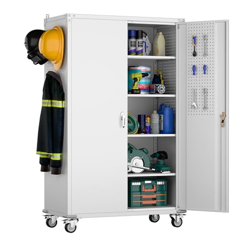 Aobabo Extra Large Garage Storage Cabinet on Wheels, Metal Storage Cabinets with 4 Adjustable Shelves, 3 Pegboards and 2 Tool Pouches for Home Office Stash, Assembly Required Aobabo