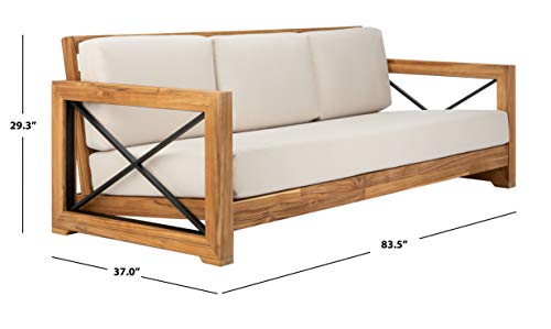 SAFAVIEH CPT1010A Couture Curacao Brazilian Teak Outdoor 3-Seat Patio Sofa, Natural/White SAFAVIEH