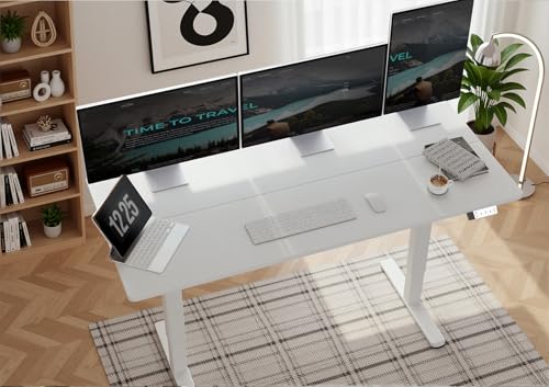 Seang Electric Height Adjustable Standing Desk, 55 x 24 Inch Sit-Stand Desk with T-Shaped Frame, 3 Memory Presets & Cable Management for Home Office Computer Workstation, White Frame/White Top Seang