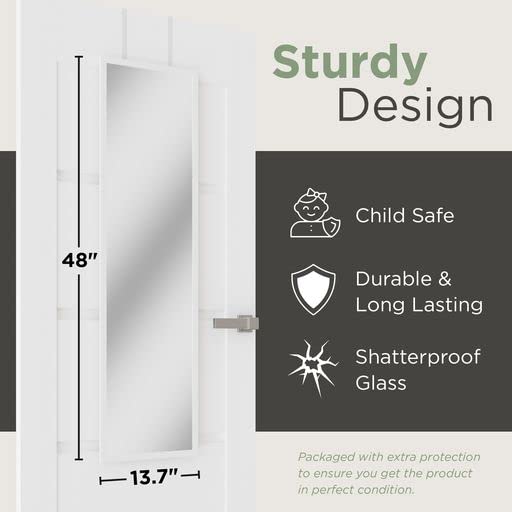 Mirrotek - Full Length Adjustable Over The Door Mirror White Wood Finish Hanging Instant Install Long Body for Bedroom, Dorm Room, 14" x 48" Mirrotek