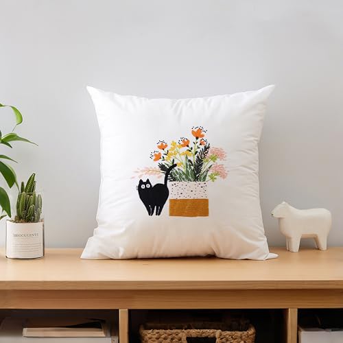 KEKEMEOW 3 Sets Embroidery Kit for Beginners, Stitches with Black Cat and Flowers, Embroidery Stitch Practice kit for Adults Craft Lover, Needlepoint Hand Embroidery Kit with Pattern、Instruction、Hoop