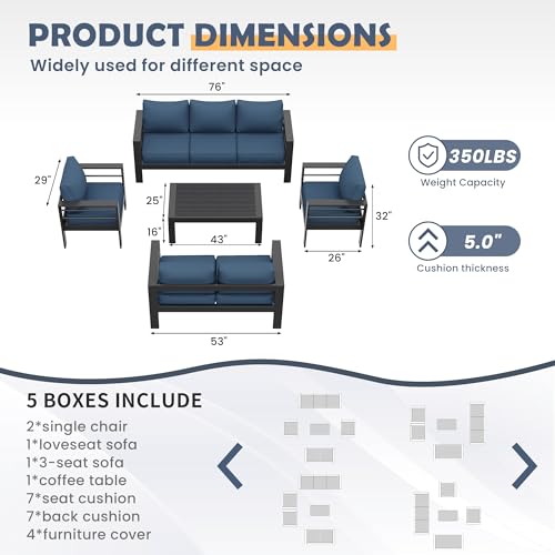 Amopatio Aluminum Patio Furniture, 8 Pieces Metal Outdoor Furniture Set, Outdoor Sectional Modern Sofa Sets with Coffee Table for Pool, Garden, Dark Grey&Blue (Included Waterproof Covers) Amopatio