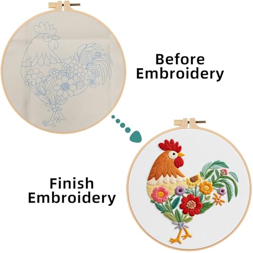 Herdiese Beginner Embroidery Kit for Adults – Rooster & Flower Pattern with Hoop, Cotton Threads, Needles, Scissors & Video Tutorials – Complete Craft Set for Beginners, Creative Gift Idea
