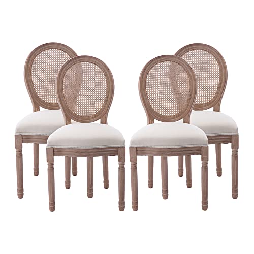 Nrizc French Country Dining Chairs Set of 4, Farmhouse Fabric Chairs with Round Back, Rattan Dining Chair, Oval Side Chairs for Dining Room/Living Room/Kitchen/Restaurant Nrizc