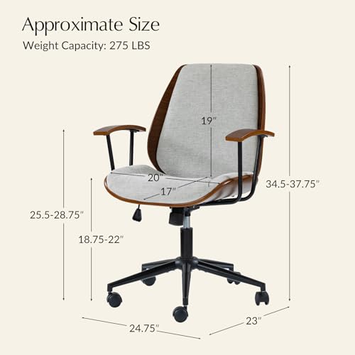 HULALA HOME Solid Wood Office Chair with Rocking Function, Comfy Fabric Desk Chair with Bent Wood and Metal Base, Height Adjustable Swivel Computer Task Chair, Grey HULALA HOME