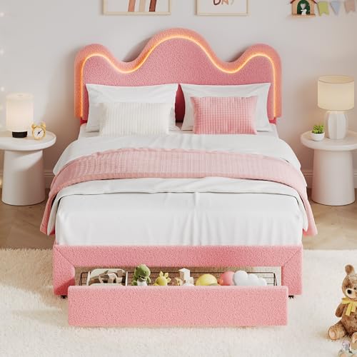 IDEALHOUSE Twin Bed Frame with LED Headboard and Under-Bed Drawer, Metal Upholstered Platform Bed with LED Light for Kids, Girls, Lamb Fleece Fabric, Wooden Slats Support, No Box Spring Needed, Pink IDEALHOUSE