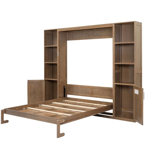 MERITLINE Queen Farmhouse Murphy Bed with Storage Bookcase Shelves and Cabinets, Solid Wood Foldable Hidden Vertical Murphy Wall Bed with Storage for Adults MERITLINE