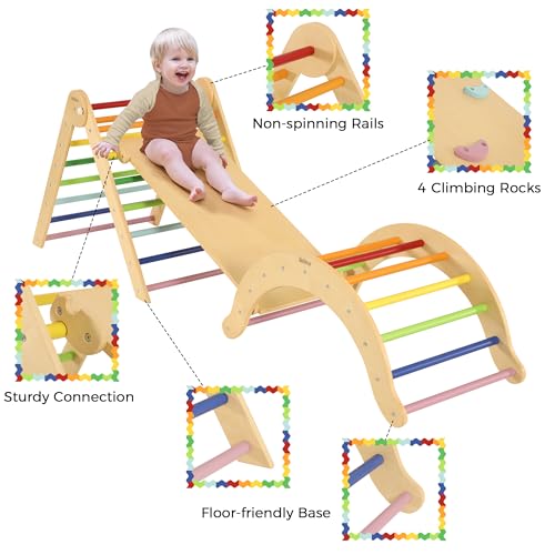 Belleur 7 in 1 Wood Pikler Triangle Set, Foldable Toddler Climbing Toys Indoor, Montessori Climbing Set with Ramp, Arch & Climbing Triangle, Baby Climbing Gym, Indoor Playground for Kids 1-6 - Rainbow Belleur