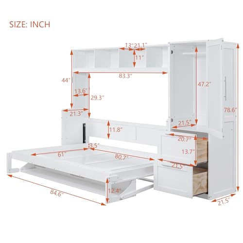 Harper & Bright Designs Queen Size Murphy Bed Wall Cabinet with Closet, Wood Space Saving Hidden Bed Frame Queen with Drawers, No Box Spring Needed, White Harper & Bright Designs