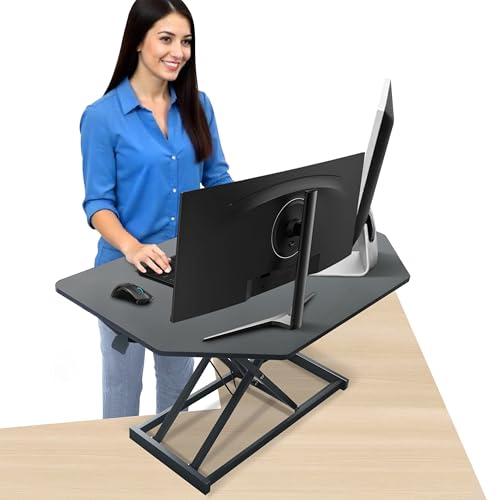 Aconcept 32 inch Black Corner Height Adjustable Standing Desk Converter, One-Click Sit to Stand up Desk Riser, Pre-Assembled for Dual Monitor and Laptop Workstation Aconcept